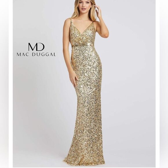 Mac Duggal 5055 Glittering Gold Evening Dress sequin train gown maxi mermaid 8 - Picture 1 of 11
